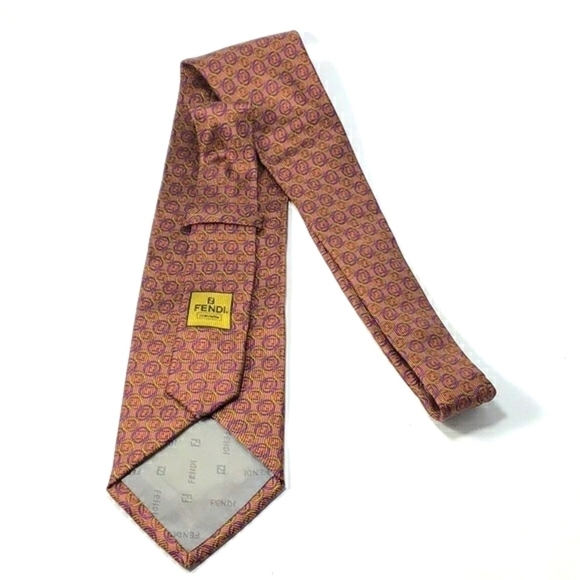 FENDI VINTAGE Copper With Gold and Purple Rings around Logo Print Silk Tie - Picture 5 of 15